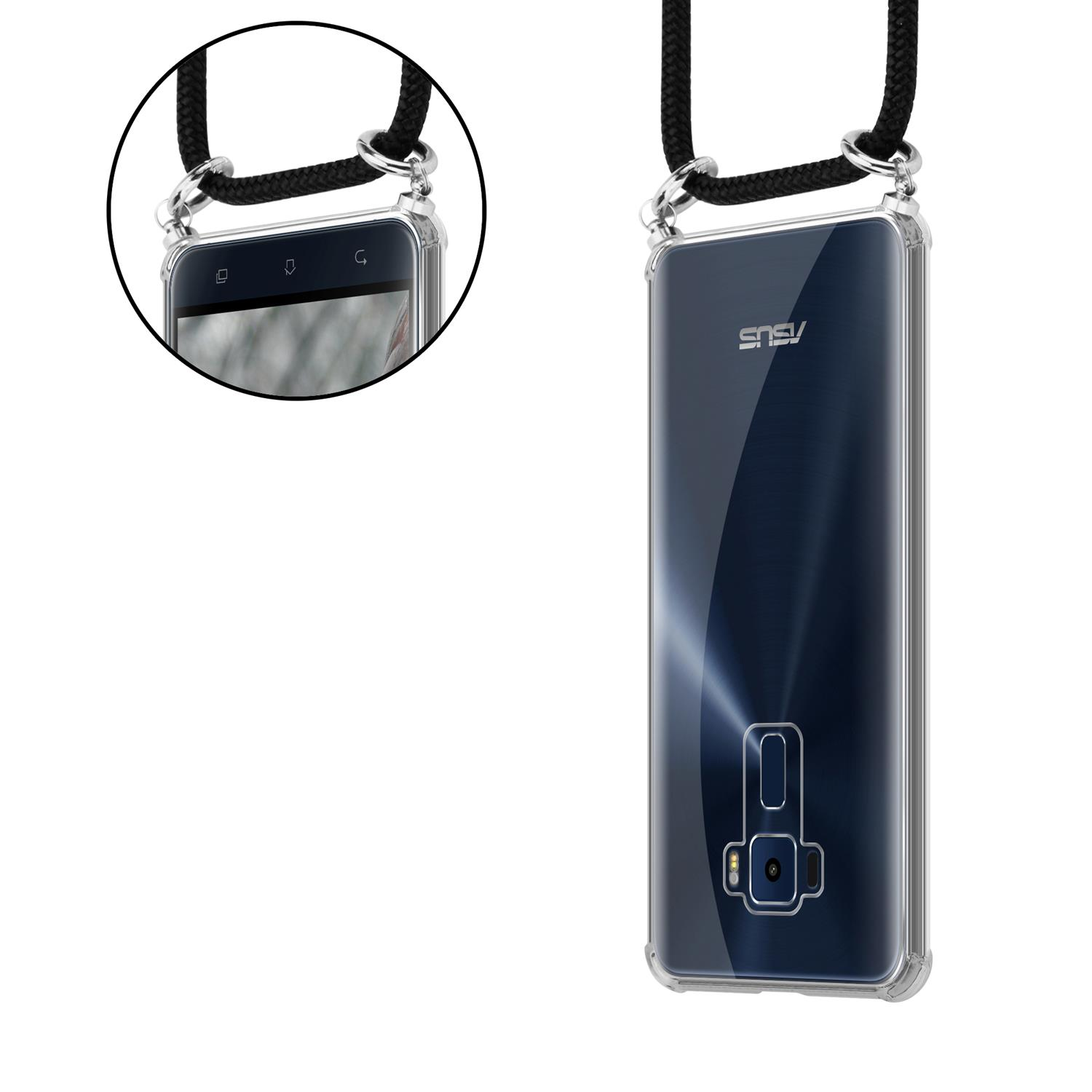 Zwei Telefone mit Umhängebändern. Eines ist eine transparente Hülle mit blauem Muster. Das andere ist ein schwarzes Telefon.