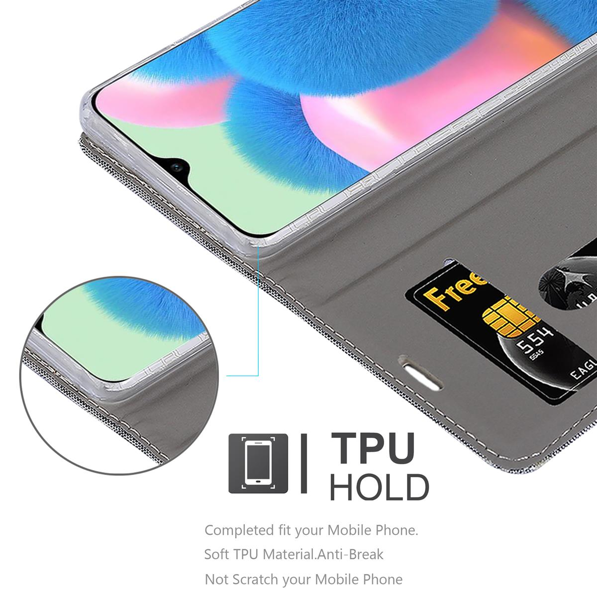 Telefono in una custodia grigia. Il telefono mostra uno schermo colorato. La custodia ha fessure per carte.