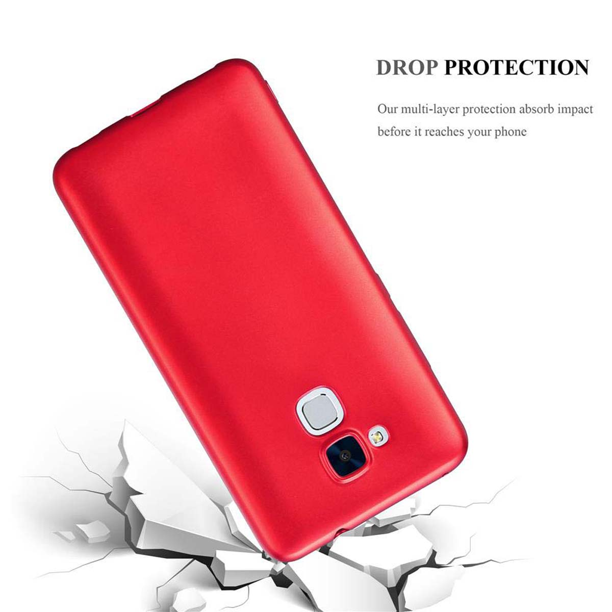 Custodia rossa per telefono che cade, appaiono crepe bianche sotto. Testo: DROP PROTECTION.