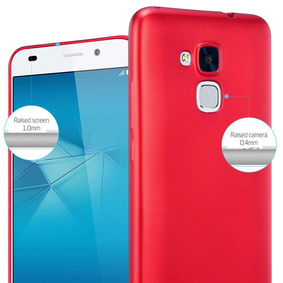 Una custodia rossa per telefono mostra i dettagli dello schermo e della fotocamera rialzati. Il testo indica i dettagli.