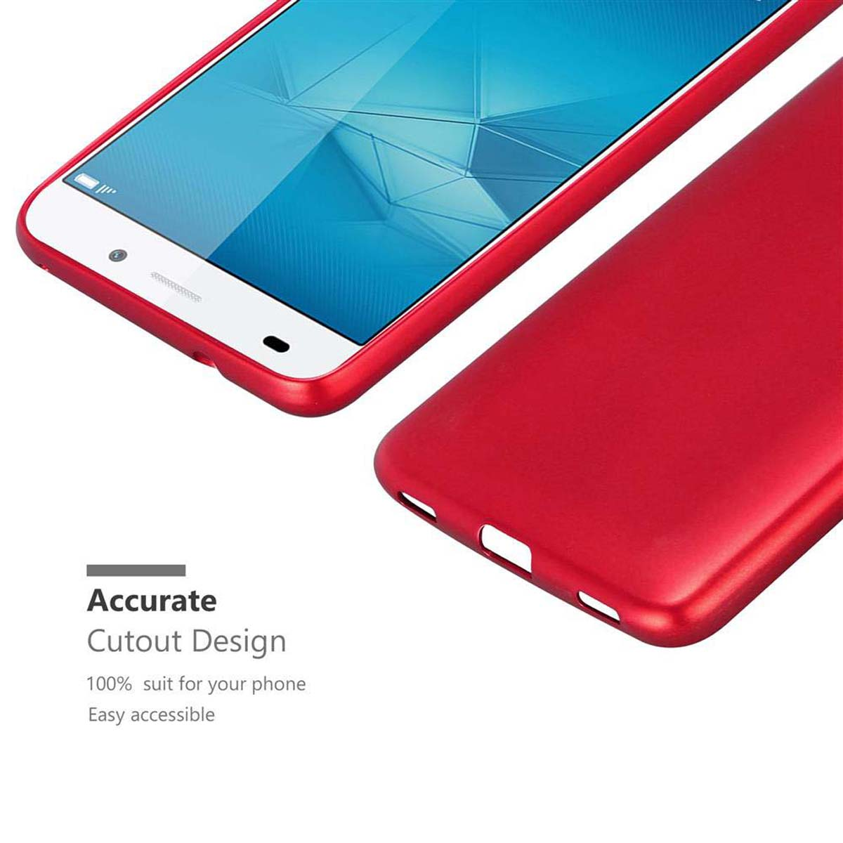 Custodia rossa con telefono dentro, retro e fronte. Sfondo bianco, design ritagliato visibile.