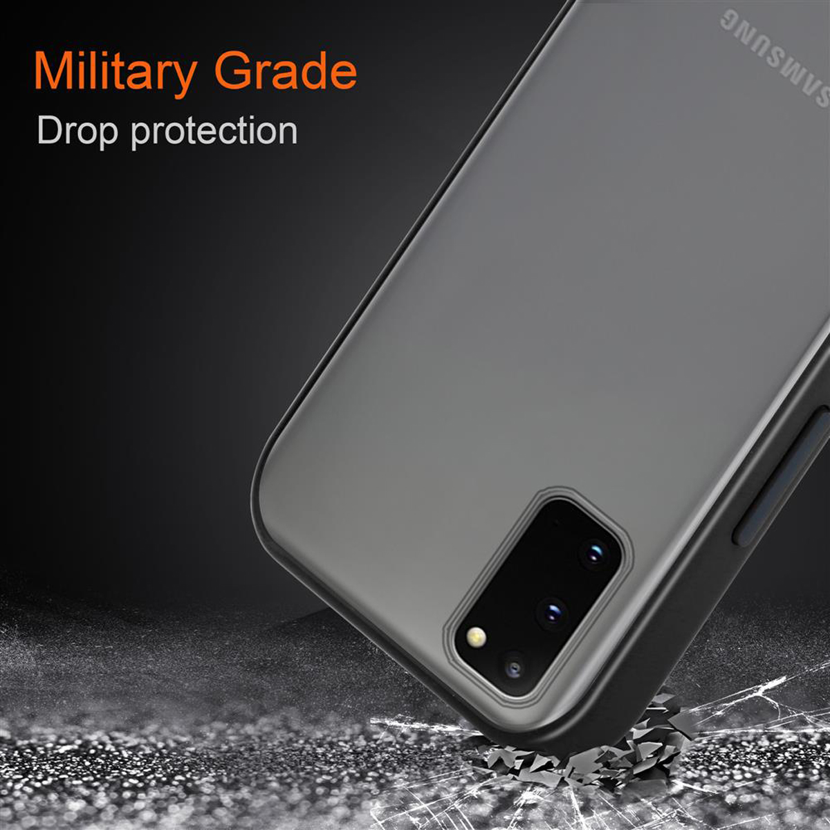 Ein Telefon in einer Hülle liegt auf einer zerbrochenen Oberfläche. Der Text 'Military Grade Drop protection' steht darüber.