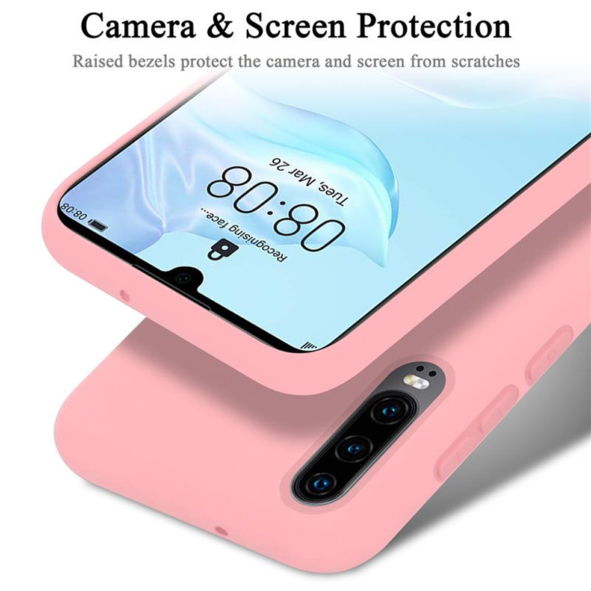 Rosa Handyhülle mit einem Telefon darin. Der Telefonbildschirm zeigt Uhrzeit und Datum.