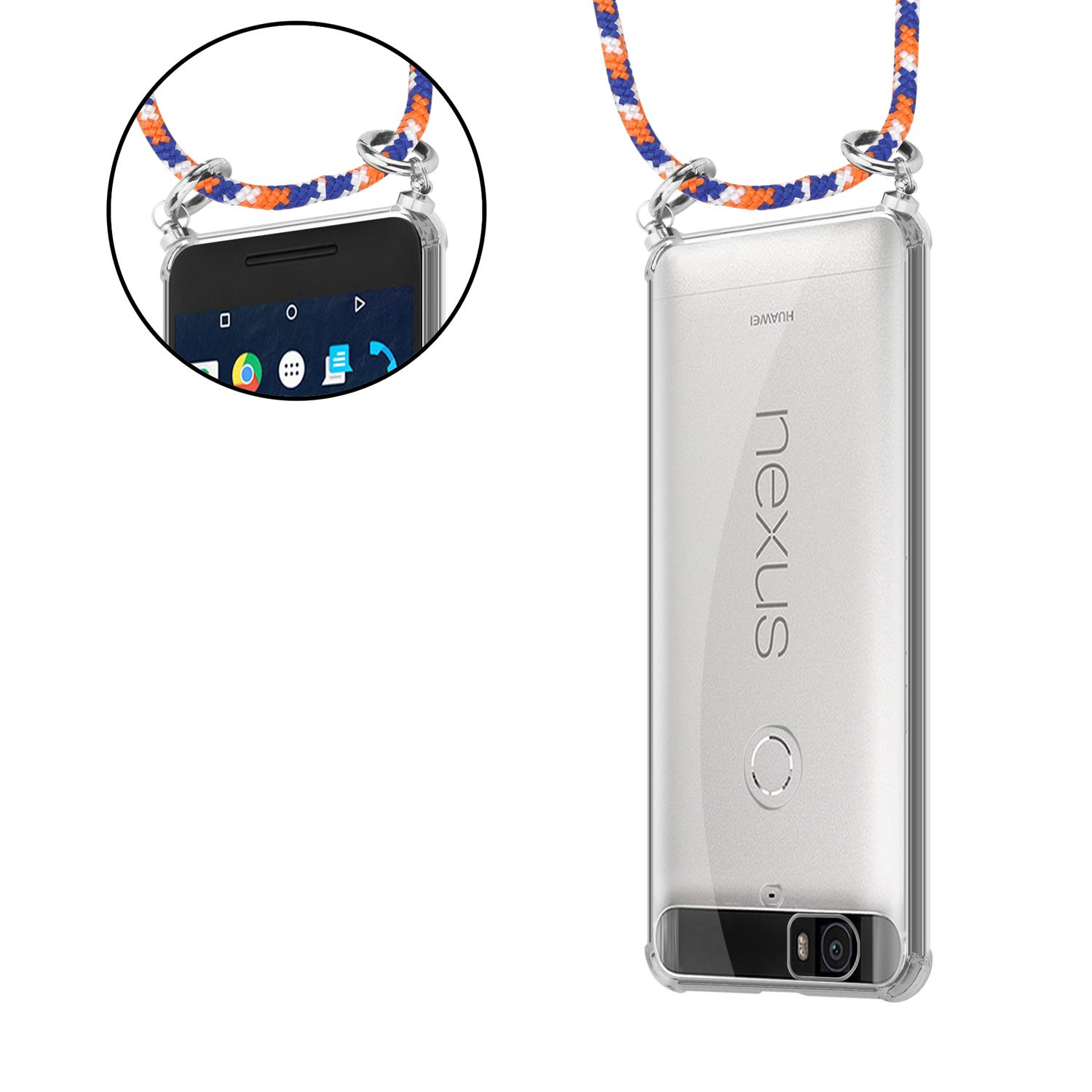 CADORABO Handy Band ORANGE Ringen, mit Silber Hülle, Kordel BLAU Google und Huawei, 6P, NEXUS abnehmbarer WEIß Backcover, Kette