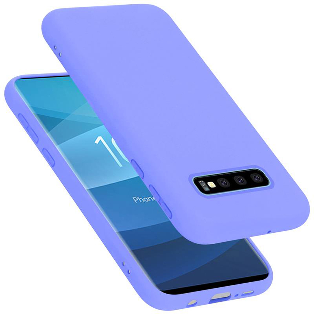 Eine lila Handyhülle mit einem Telefon darin. Der Hintergrund ist weiß.