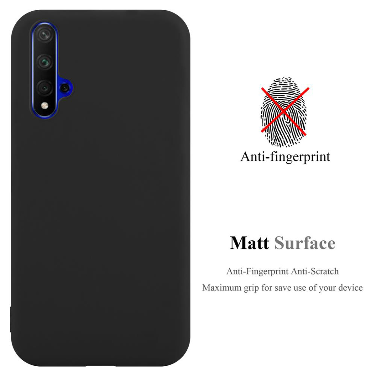 Schwarze Handyhülle mit Anti-Fingerabdruck und matter Oberfläche, vor weißem Hintergrund dargestellt.