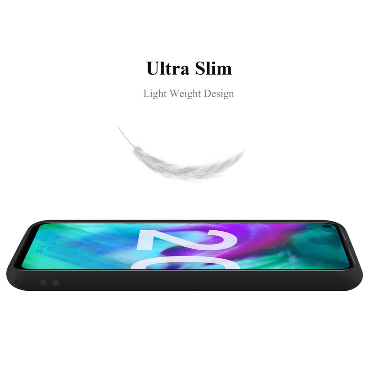 Schwarze Handyhülle und eine weiße Feder auf weißem Untergrund. Text lautet: 'Ultra Slim, Light Weight Design'.