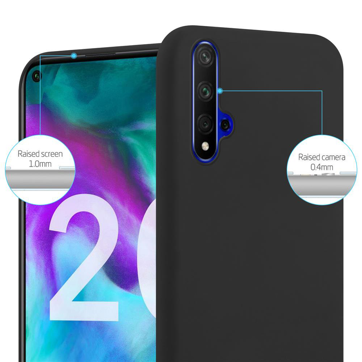 Schwarzes Telefon mit erhöhtem Bildschirm und Kamera. Text: Erhöhter Bildschirm/Kamera. Das Telefon ist schwarz.