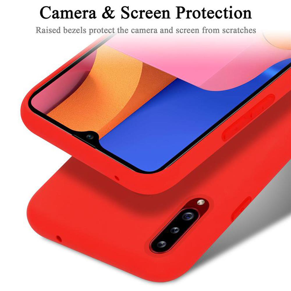 Custodia rossa per telefono con protezione schermo e fotocamera. Testo: 'Camera & Screen Protection'. Sfondo rosso.