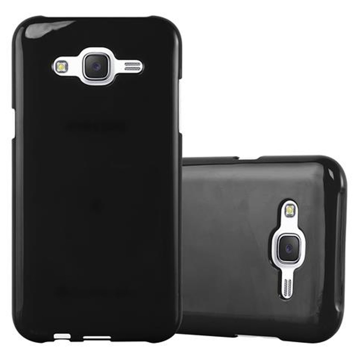 Dos fundas de teléfono negras, una vertical y otra horizontal. El fondo es blanco.