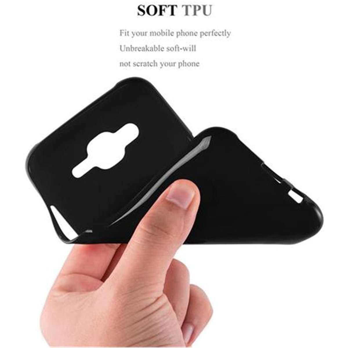 Una mano sosteniendo una funda de teléfono negra. La funda está doblada para mostrar el interior.