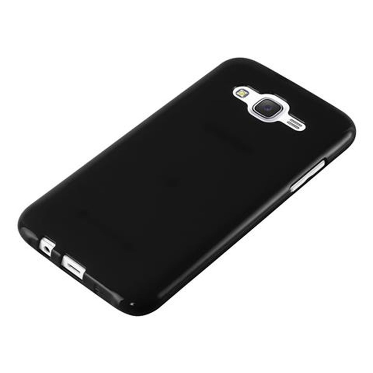 Funda de teléfono negra. Vista trasera, mostrando la cámara y el flash. Un diseño simple.