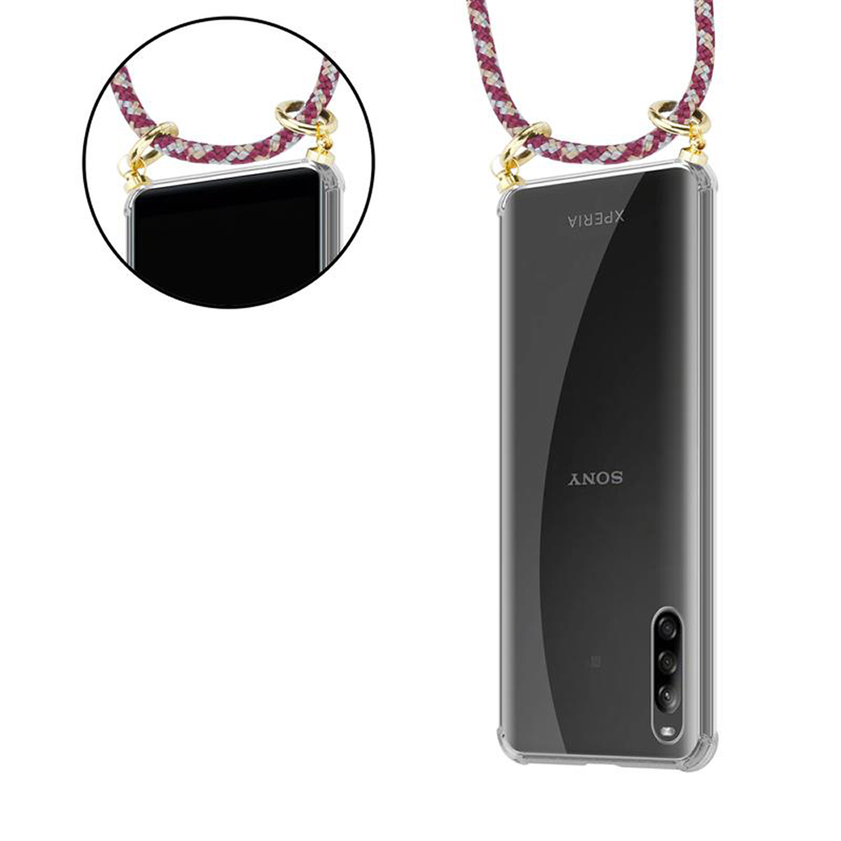 Telefono in custodia trasparente con corda. La corda ha dettagli rossi e oro. Sfondo bianco.