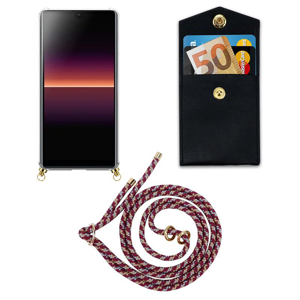 Telefono con cordino e custodia a portafoglio. Il portafoglio contiene denaro e carte. Il cordino è rosso e bianco.