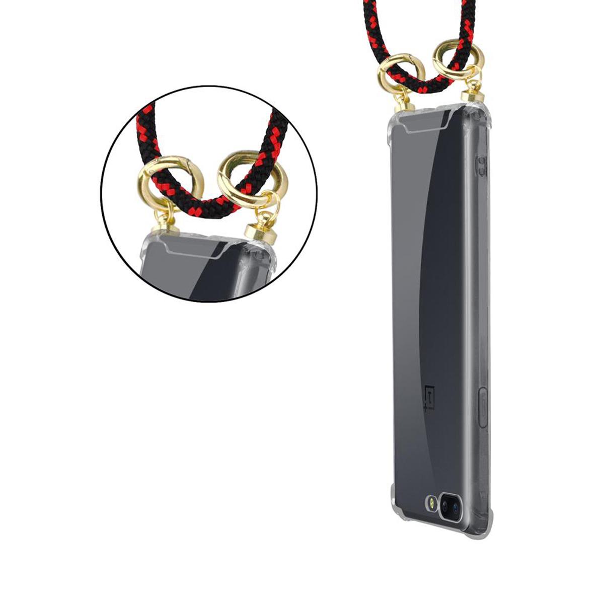 Telefon mit Lanyard, schwarz-rotes Seil. Weißer Hintergrund. Klare Handyhülle.