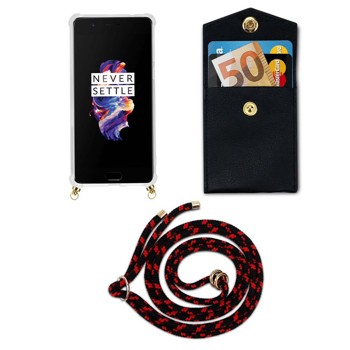Telefon mit Hülle, schwarzer Beutel mit Karten und ein rot-schwarzes Kordelband. Weißer Hintergrund.
