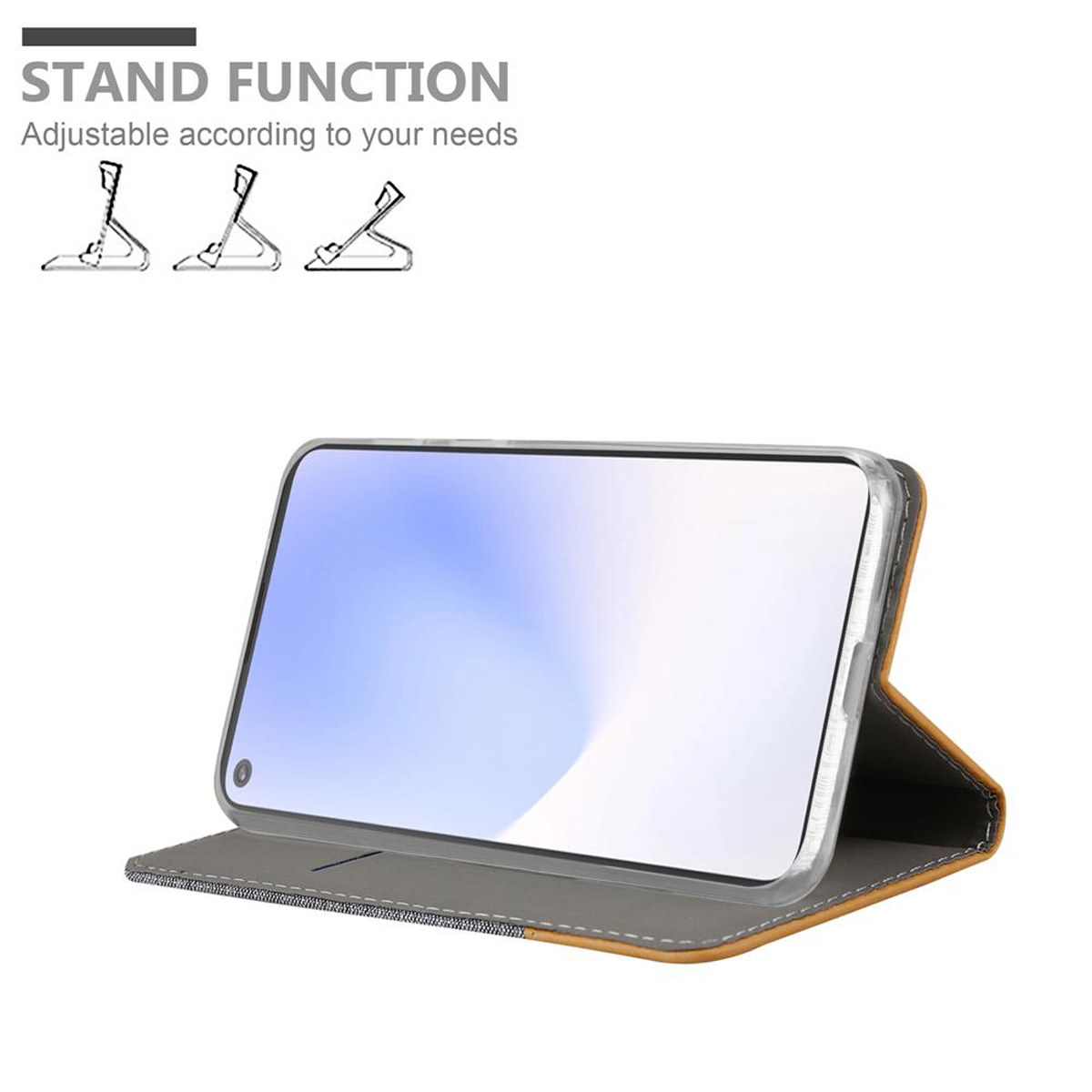 Un telefono in una custodia viene visualizzato come supporto. Ci sono disegni che mostrano diverse posizioni del supporto.