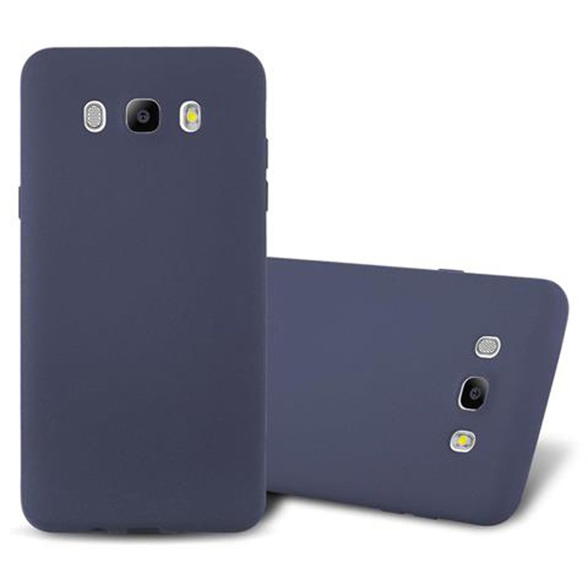 Dos fundas azul marino para teléfono. Una de pie, la otra acostada.