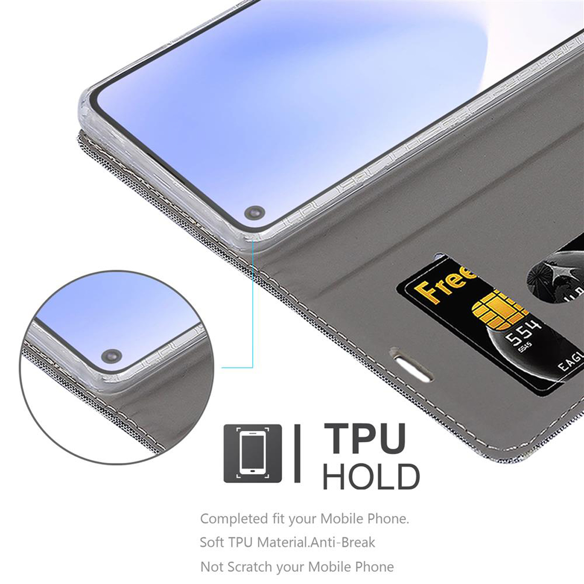 Custodia grigia per telefono con fessura per carte. Primo piano dello schermo e testo TPU HOLD.