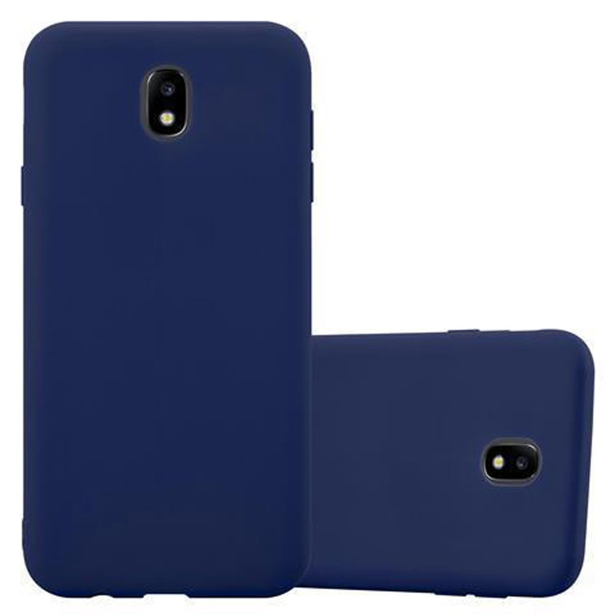 Dos fundas de teléfono azul marino, una de pie y otra tumbada, sobre fondo blanco.