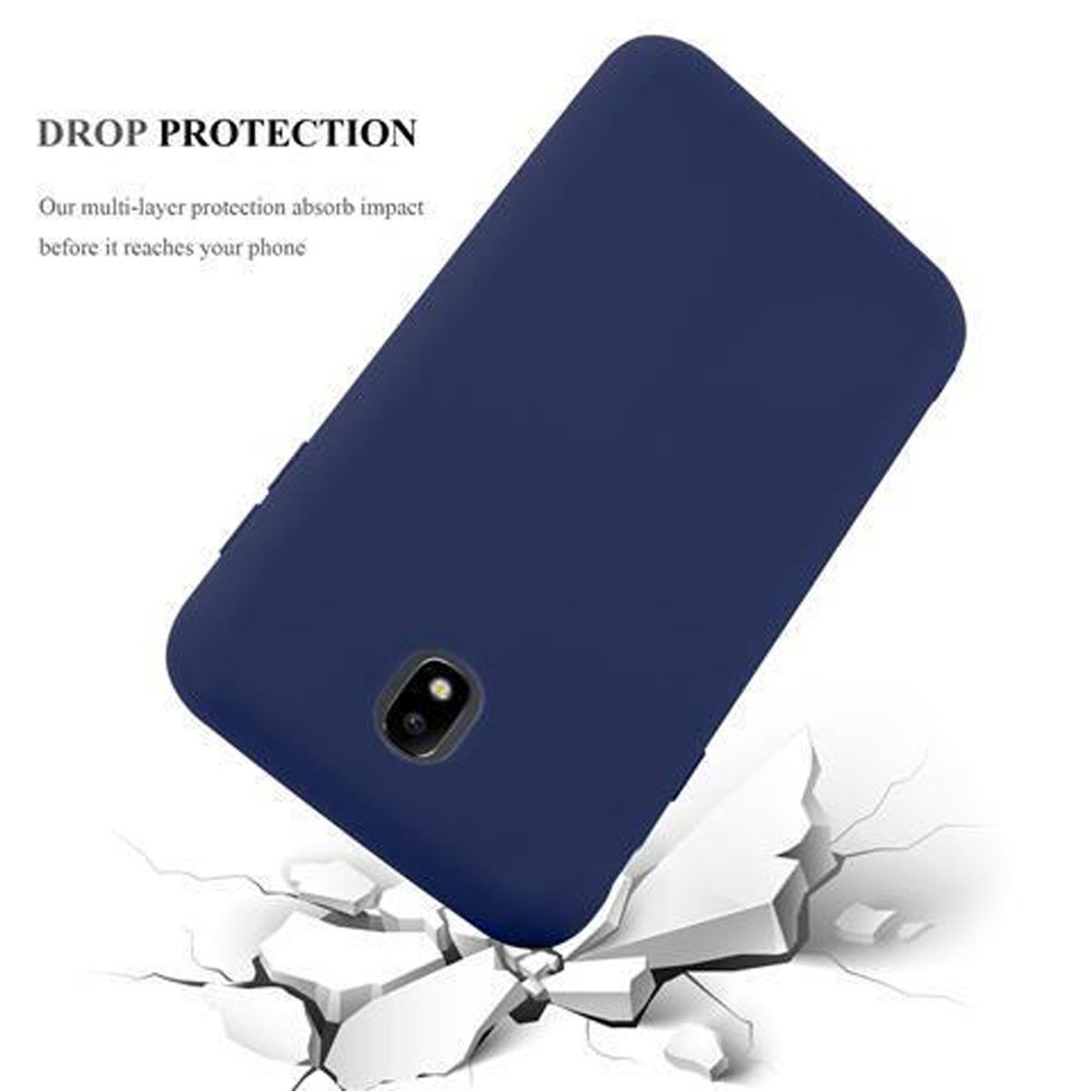 Se muestra una funda de teléfono azul marino. El texto dice 'Drop Protection'. La funda está sobre una superficie blanca agrietada.