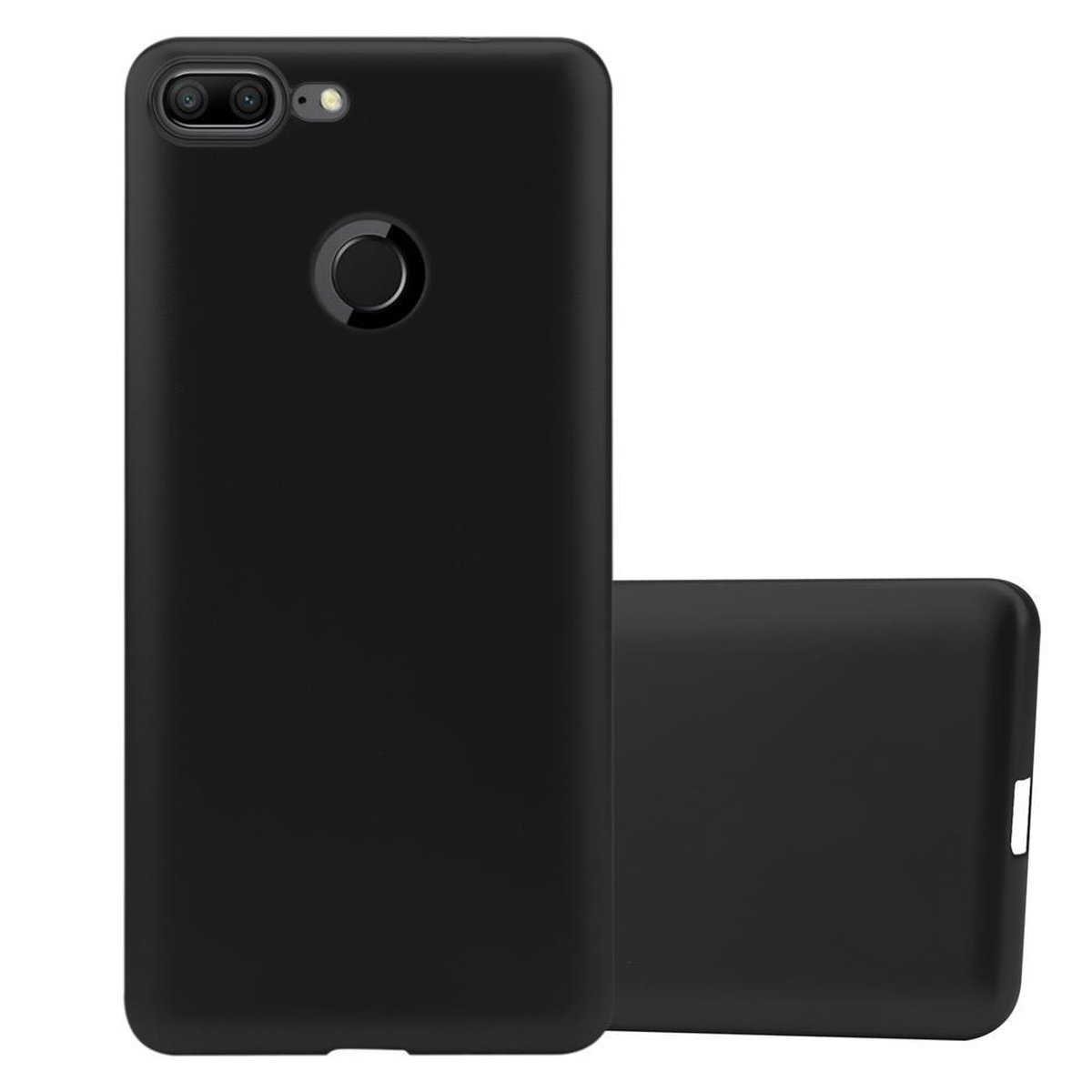 Funda de teléfono negra. Teléfono de lado. Fondo negro. Segunda funda en el fondo.