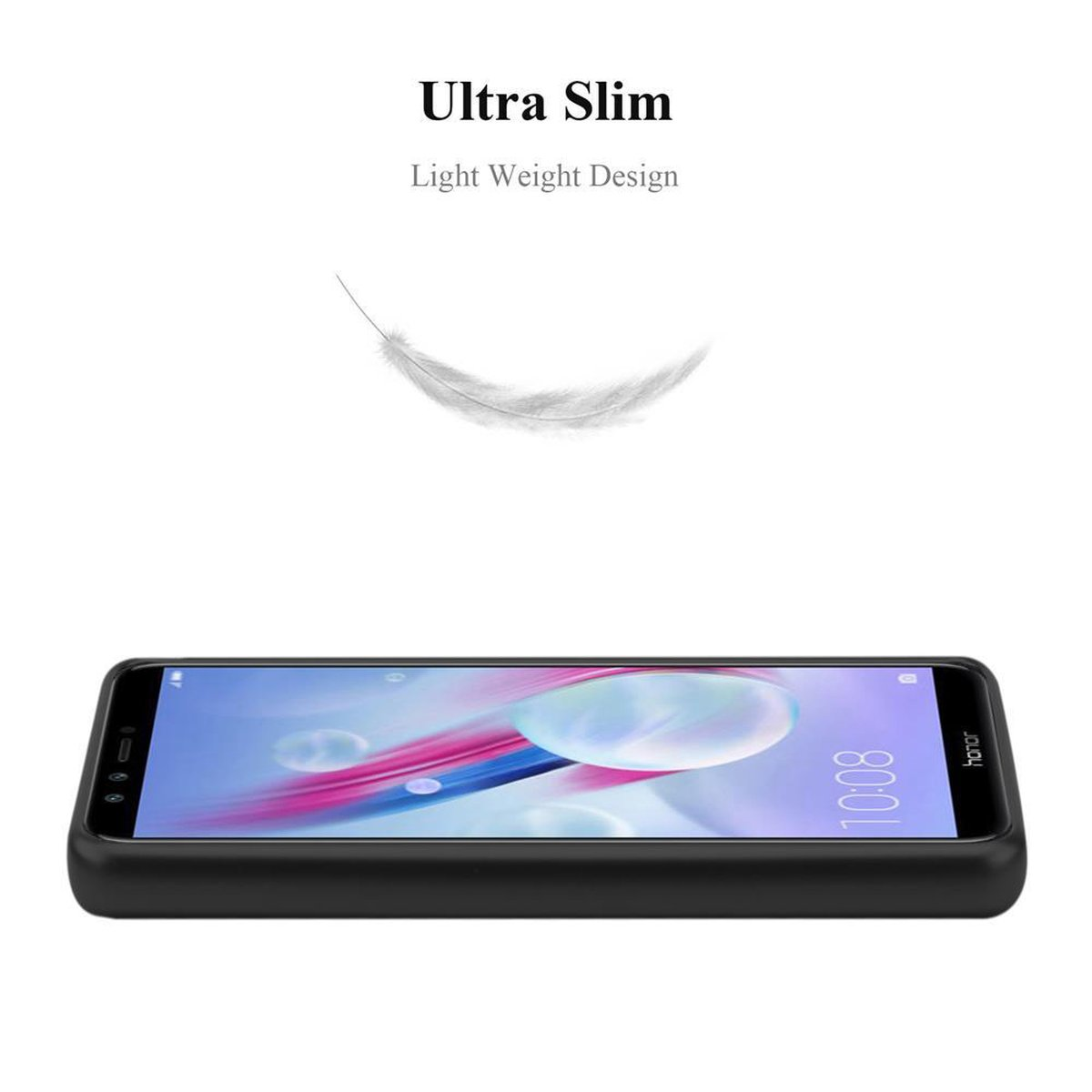 Teléfono negro con funda, y gráfico de pluma blanca. Texto: 'Ultra Slim, Light Weight Design'. Fondo blanco.