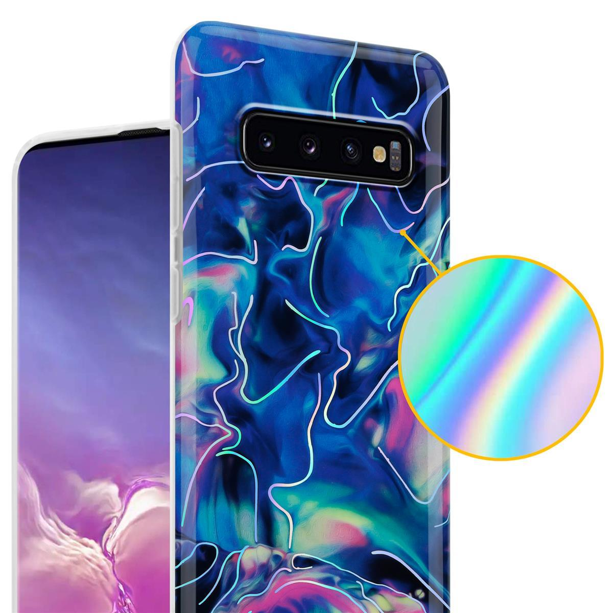 Custodia per telefono con un design colorato. Lo sfondo è sfocato.