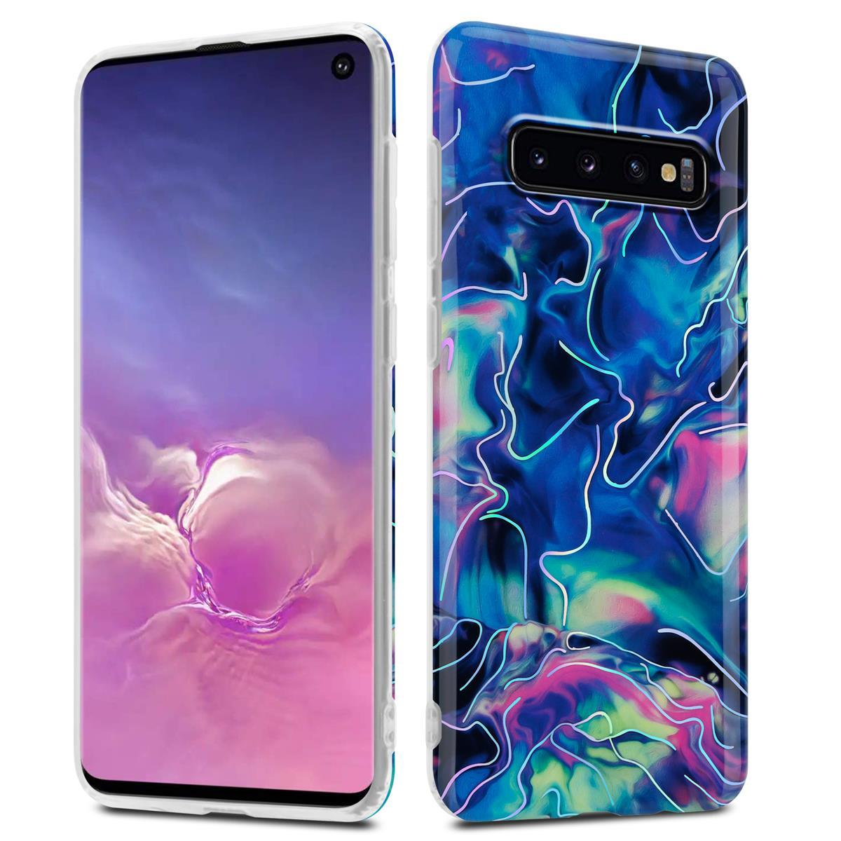 Due custodie per telefono. Una è un telefono con cornice bianca, l'altra è una custodia con un motivo astratto blu.