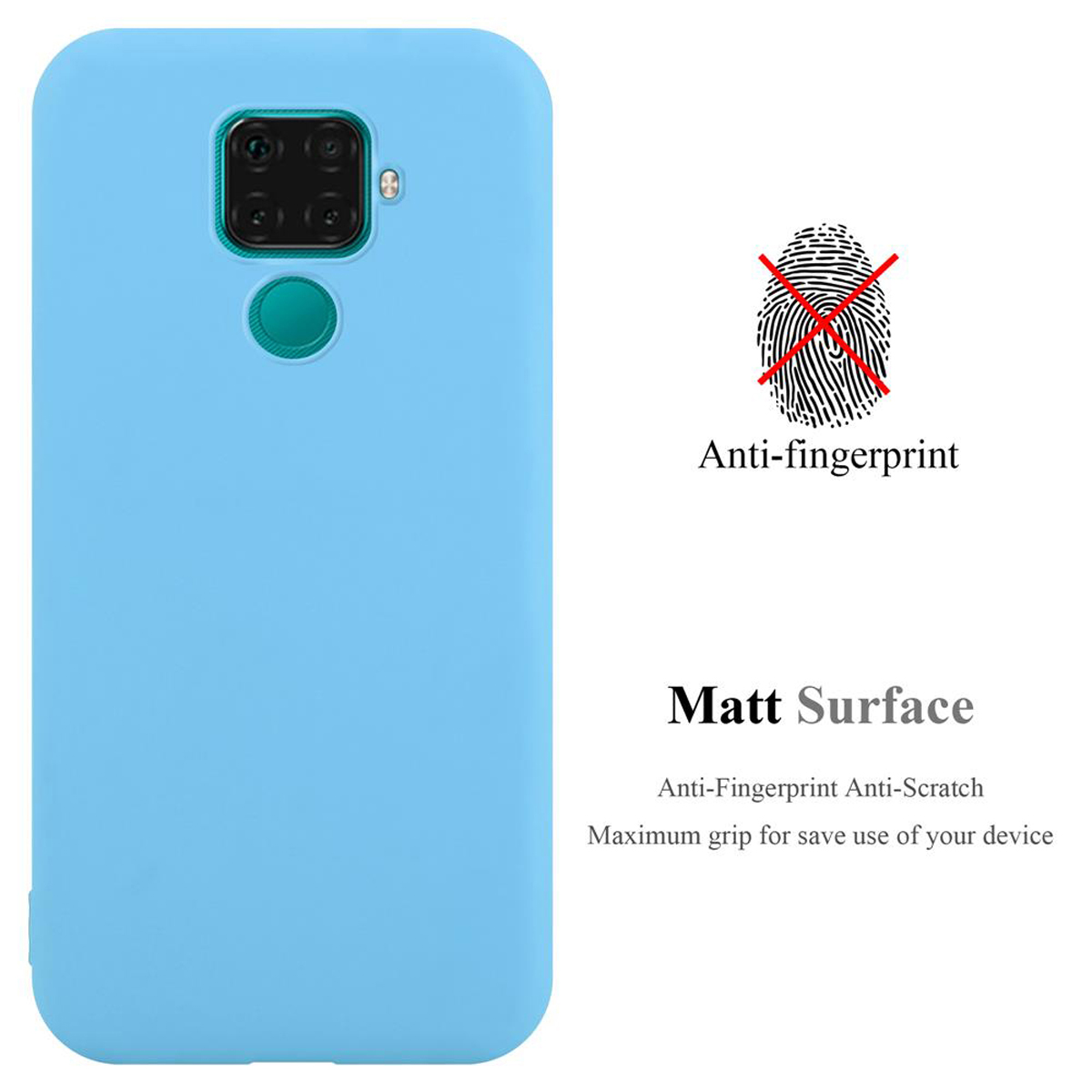 Hellblaue Handyhülle, Anti-Fingerabdruck und matte Oberfläche, mit Anti-Fingerabdruck-Logo auf weißem Grund.