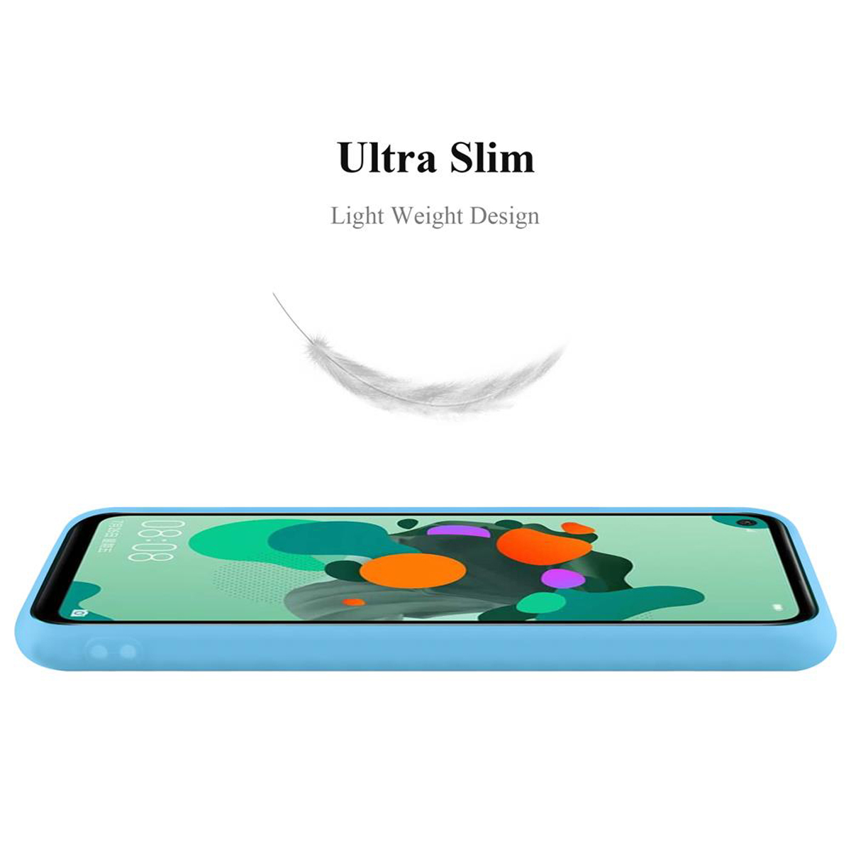 Blaue Handyhülle, Federgrafik und Text 'Ultra Slim'. Weißer Hintergrund.