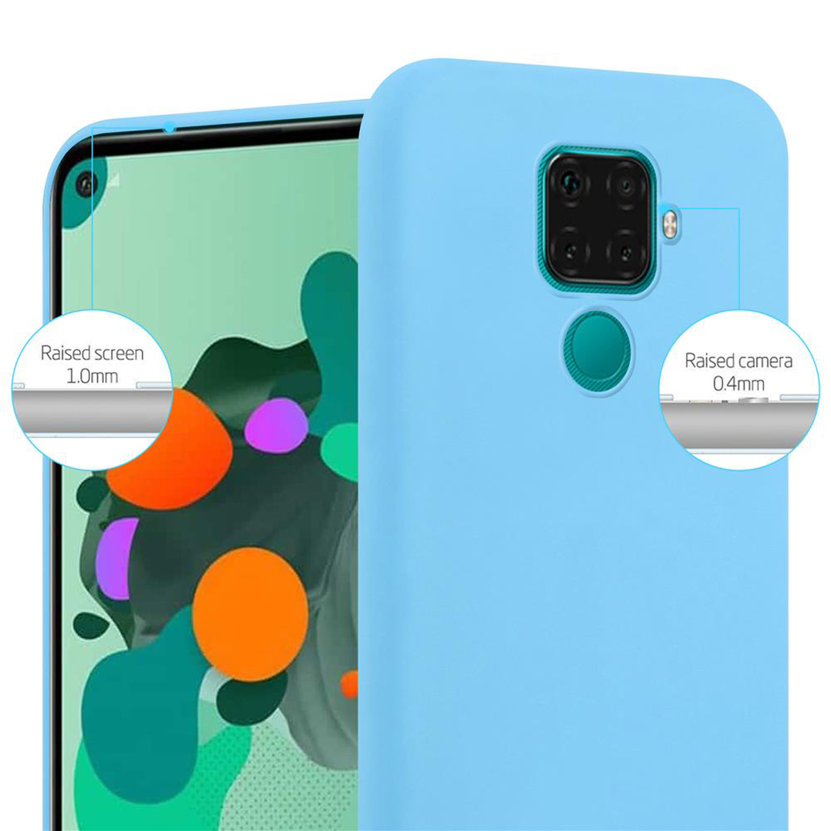 Eine blaue Handyhülle mit Telefon und Text über Bildschirm und Kamera.