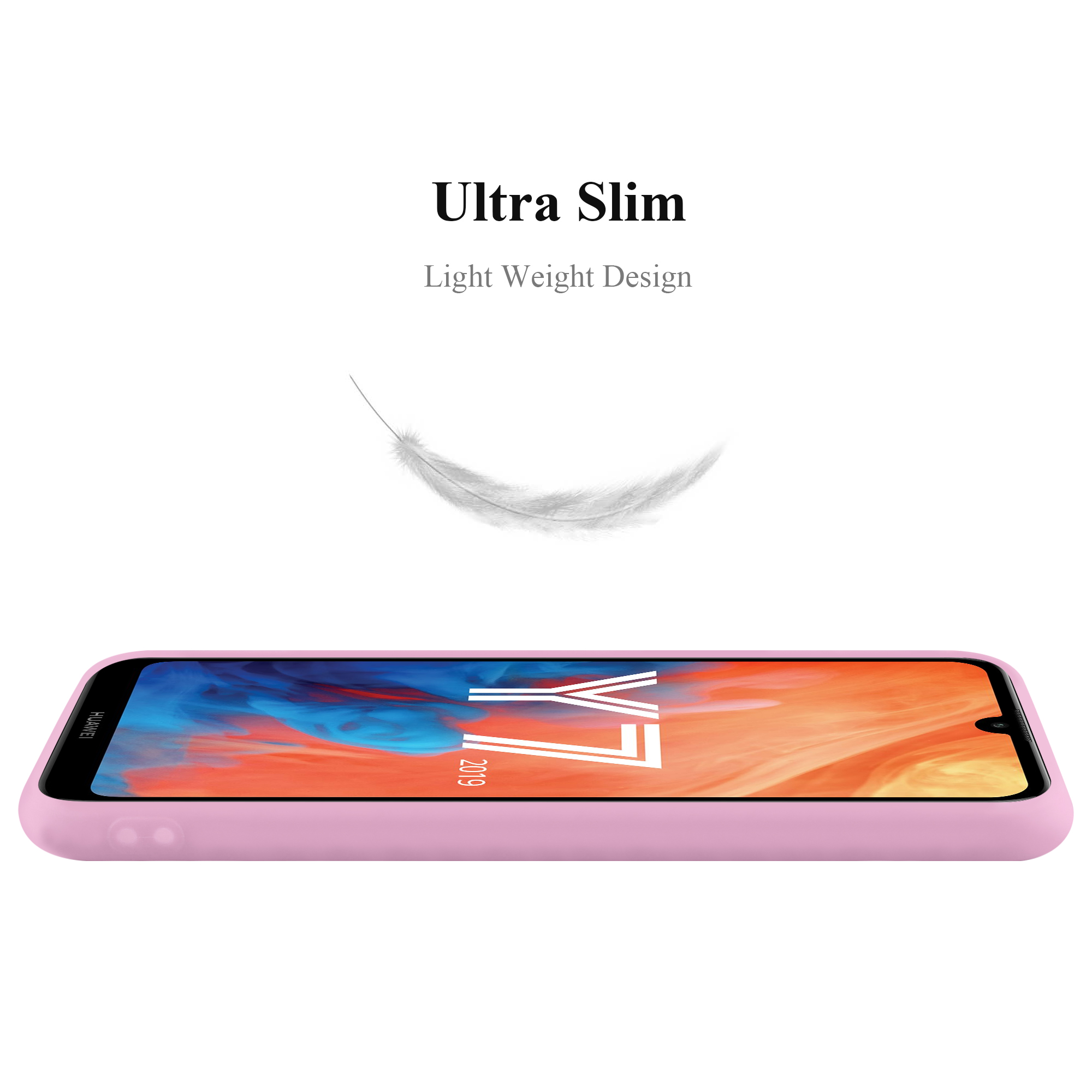 Rosa Handyhülle, Text Ultra Slim Light Weight Design, Federgrafik auf weißem Hintergrund.