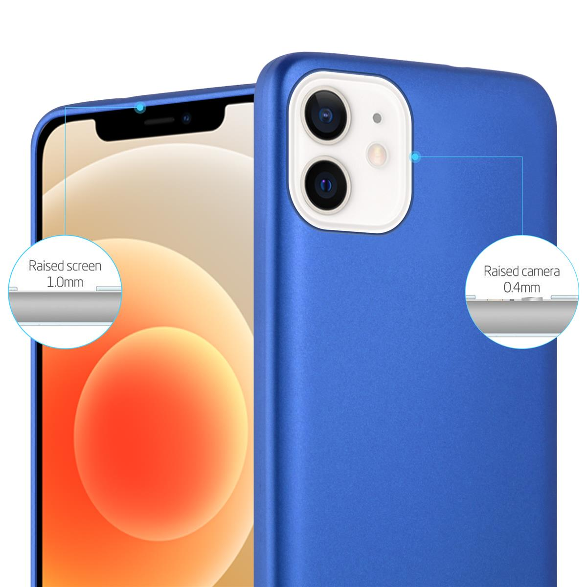 Blaue Handyhülle mit erhöhtem Bildschirm und Kameradetails. Der Bildschirm des Telefons ist sichtbar. Weißer Hintergrund.