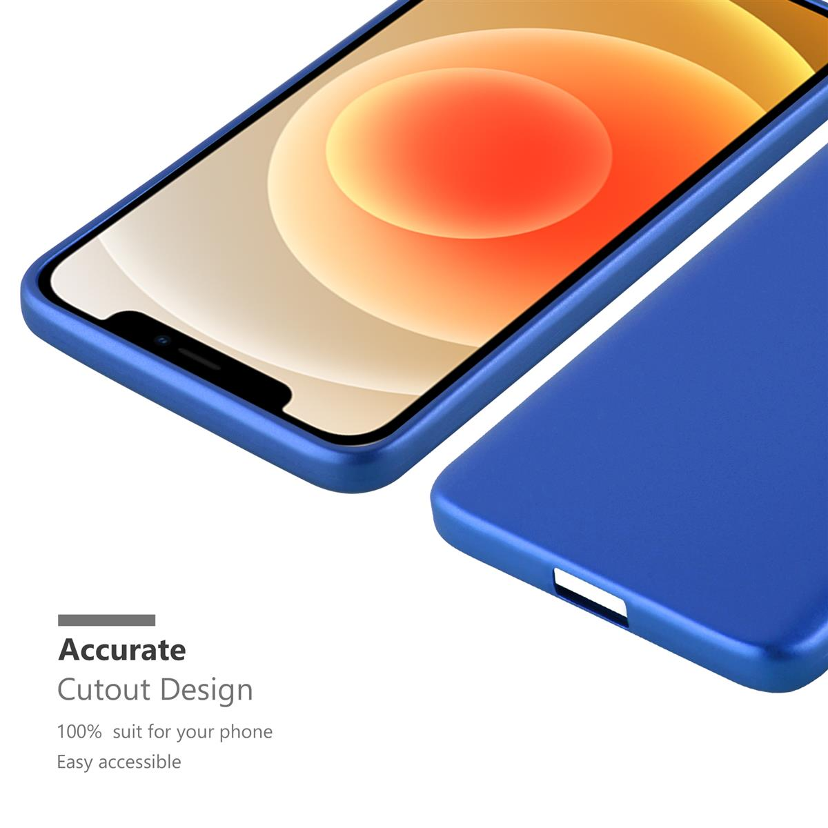Blaue Handyhülle schützt einen Bildschirm. Präzises Ausschnittdesign-Text.