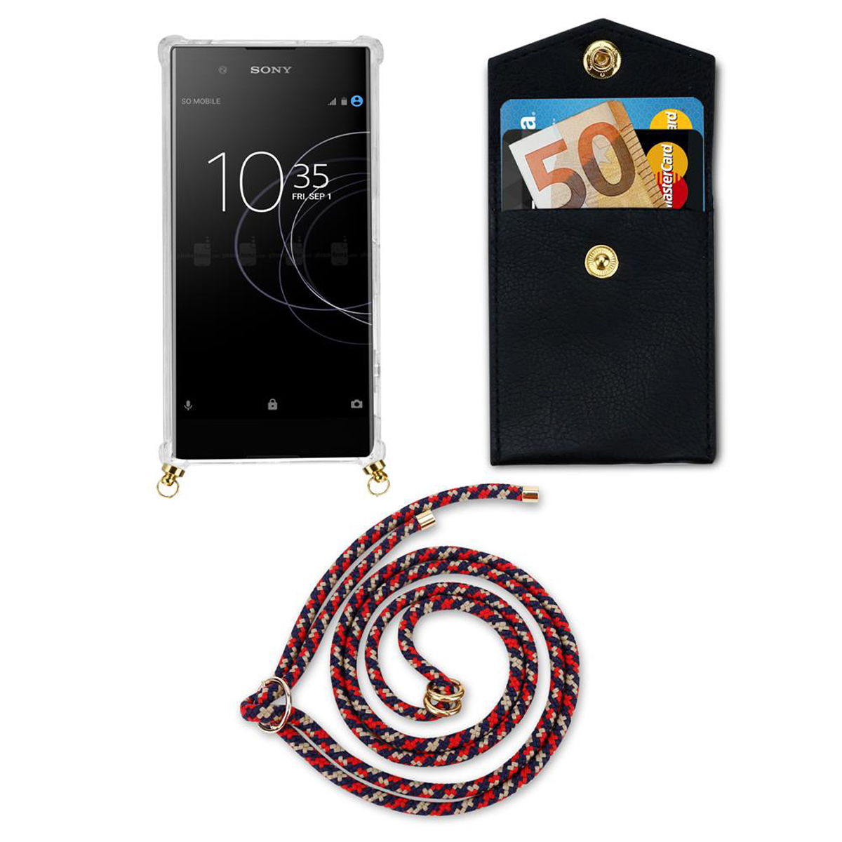 Telefon mit Hülle und Geld. Der Riemen hat rote und schwarze Details. Der Hintergrund ist weiß.