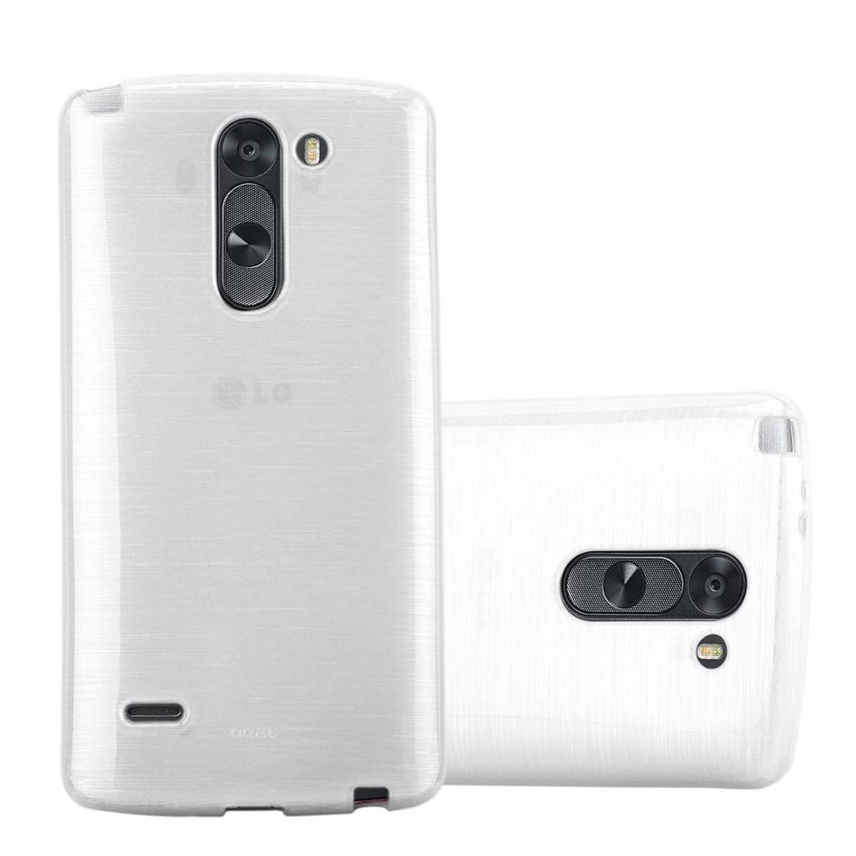Dos fundas blancas para teléfono, una delante, otra detrás. Fondo blanco.