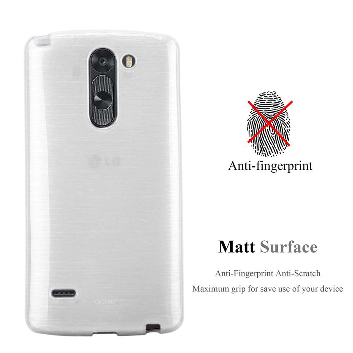 Funda de teléfono blanca sobre fondo blanco. Muestra características anti-huellas y superficie mate.