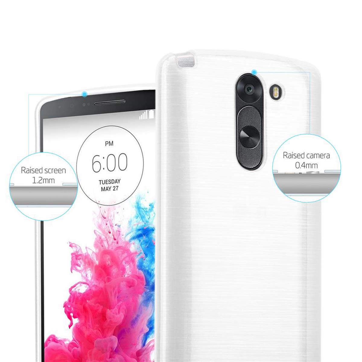 Un teléfono blanco en una funda con bordes elevados. La pantalla y la cámara tienen áreas elevadas.