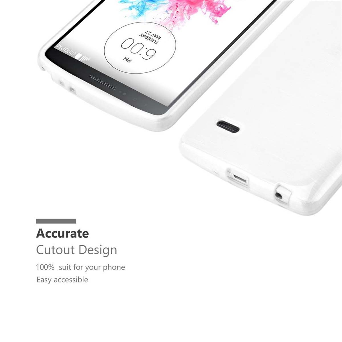 Una funda de teléfono blanca en un teléfono. La funda es precisa y tiene un diseño recortado.