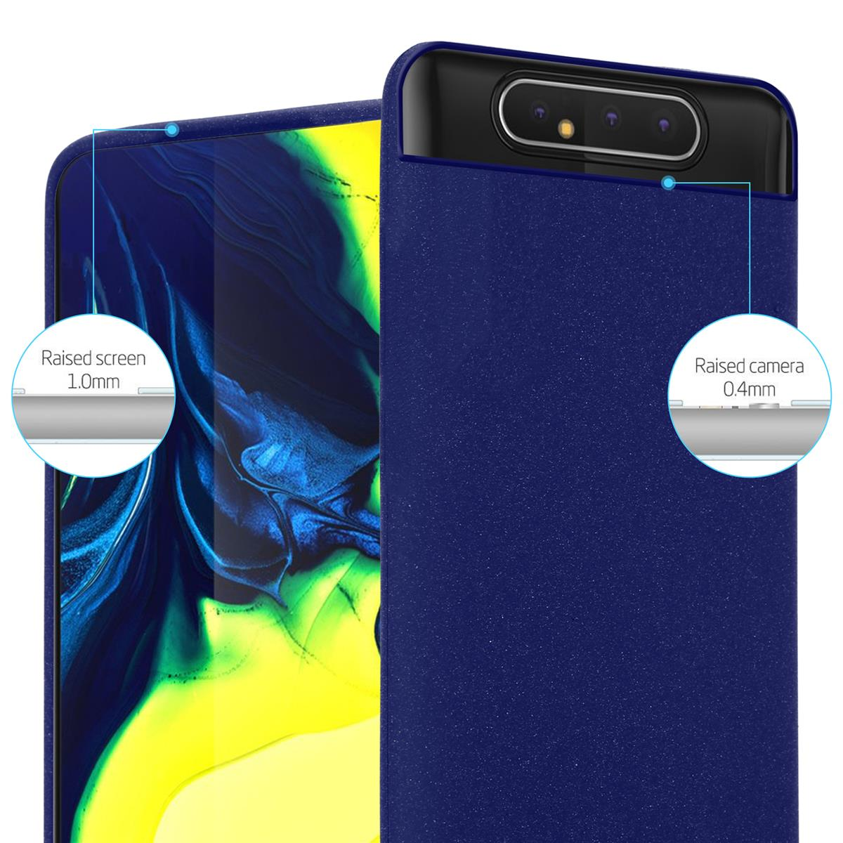 Primo piano di una custodia per telefono blu navy, con dettagli di protezione dello schermo e della fotocamera rialzati.