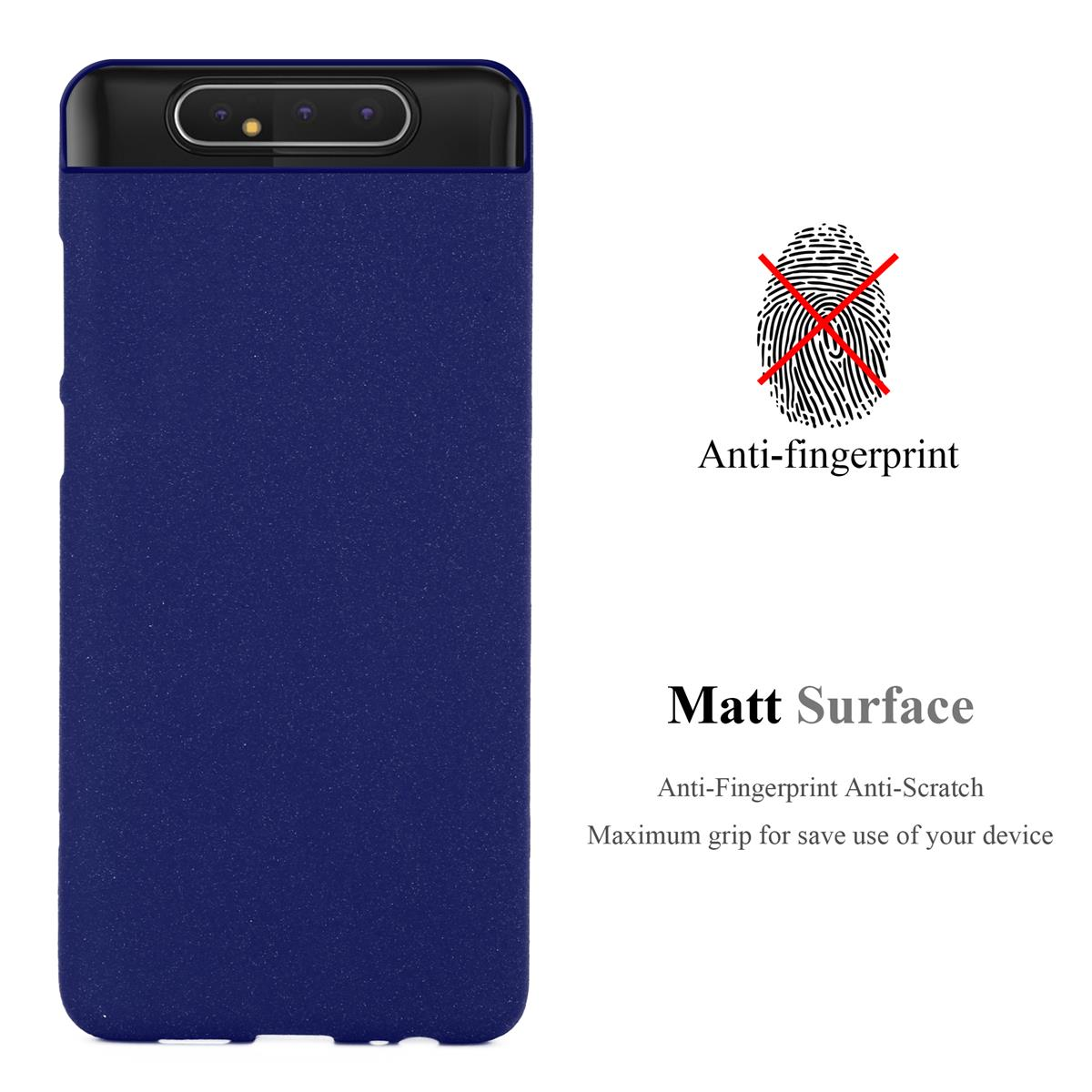 Una custodia per telefono blu navy con funzioni anti-impronta e antigraffio su sfondo bianco.