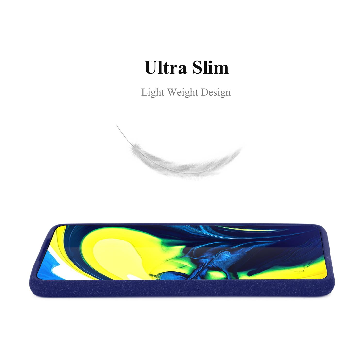 Una custodia per telefono blu. La custodia è su uno schermo del telefono blu.