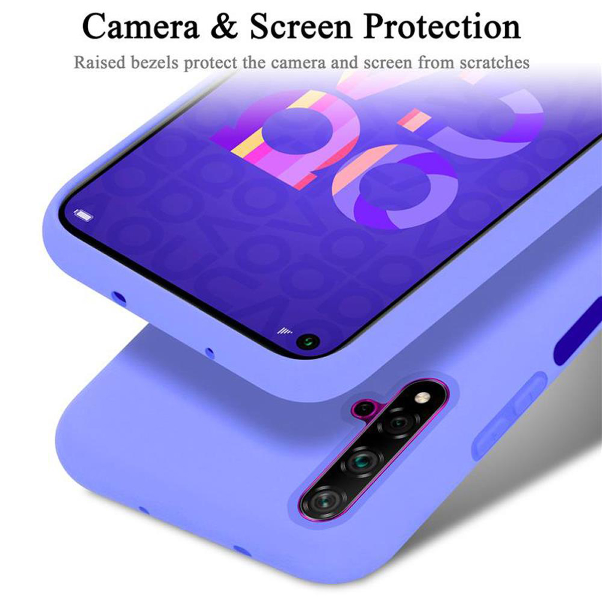 Ein lila Telefon befindet sich in einer lila Hülle. Der Bildschirm des Telefons zeigt ein lila und blaues Design.