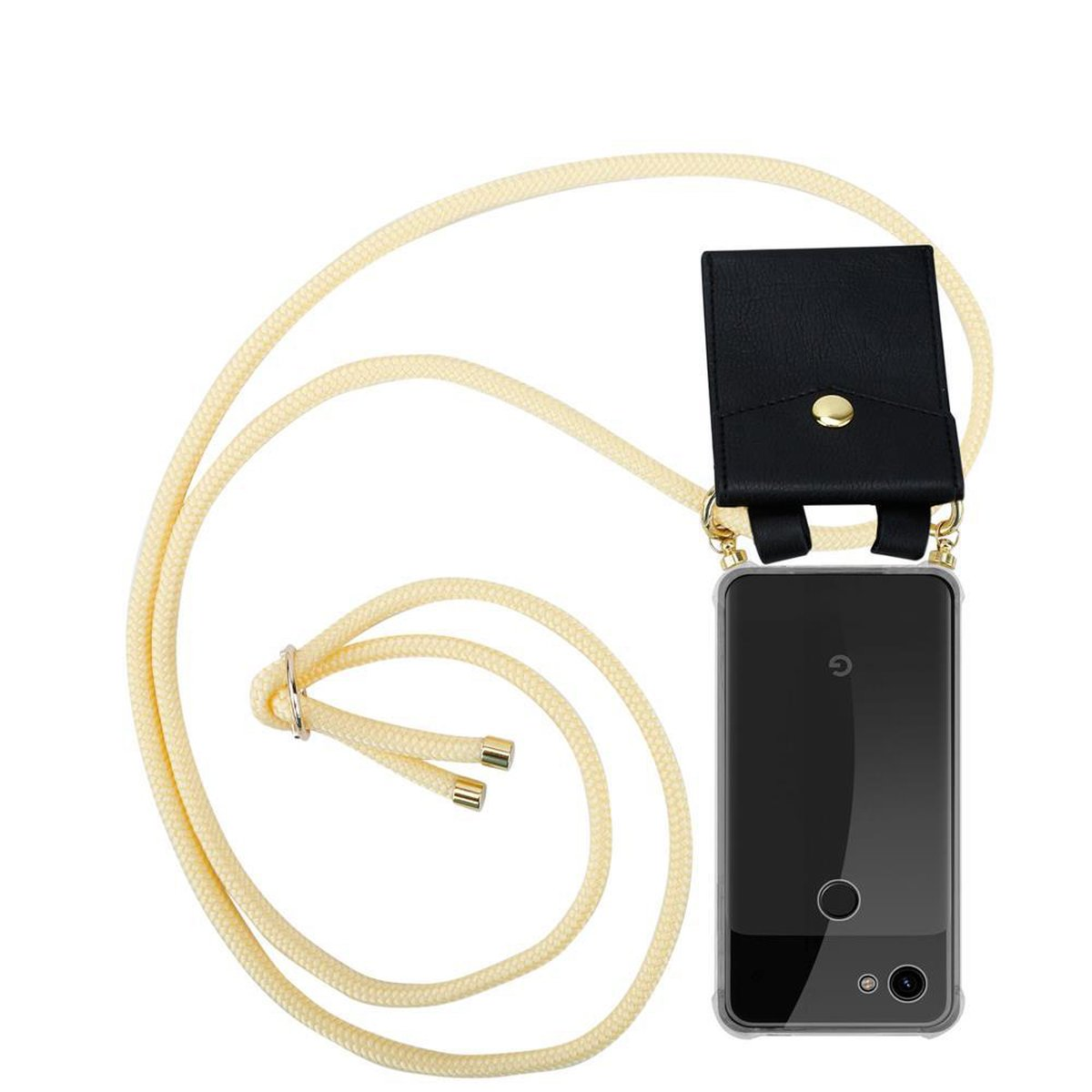 Telefon mit schwarzem Gehäuse und einem gelben Schlüsselband. Der Hintergrund ist weiß.