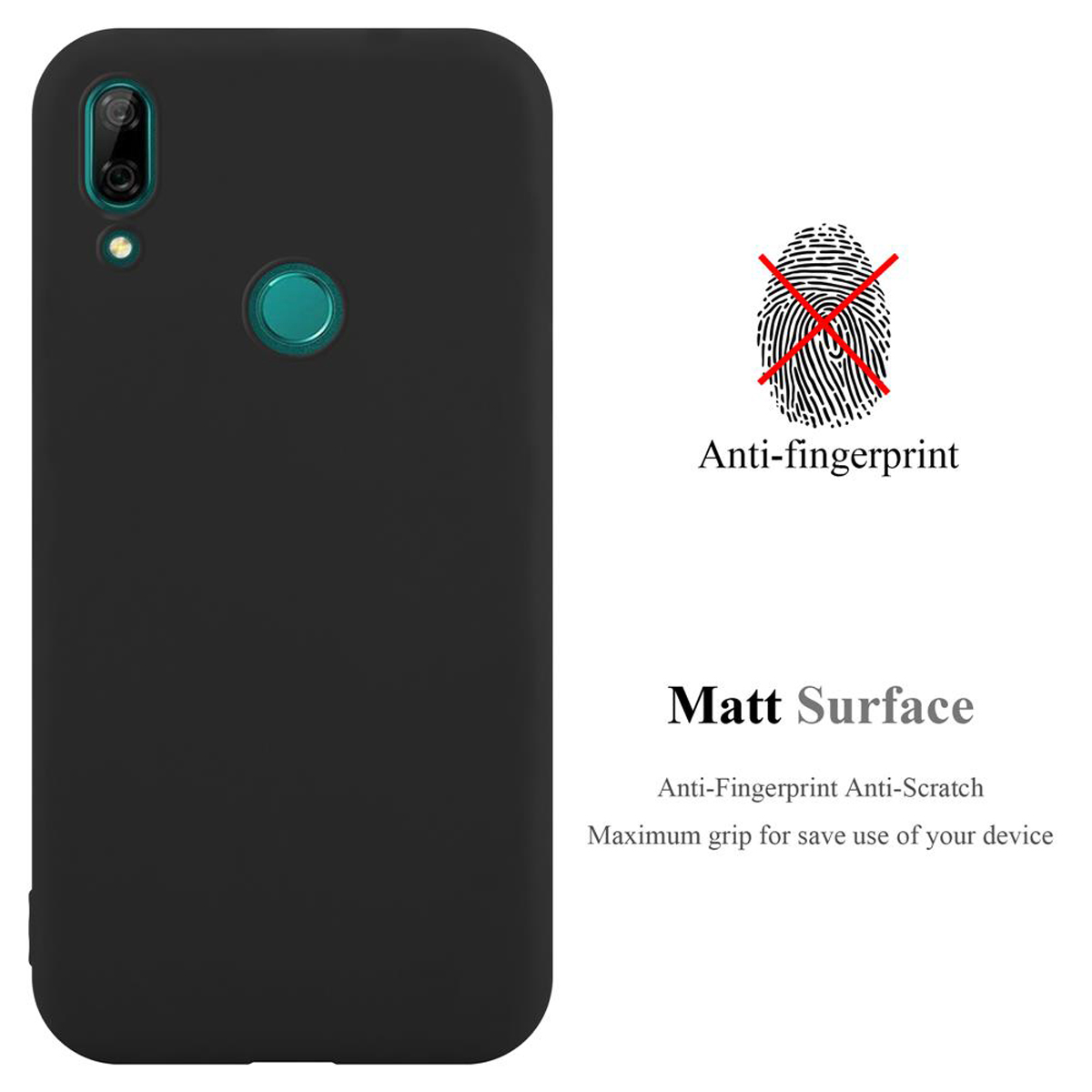 Una custodia nera per telefono con un telefono all'interno. Il testo recita Anti-impronte digitali, Superficie opaca, Anti-graffio, Massima presa.