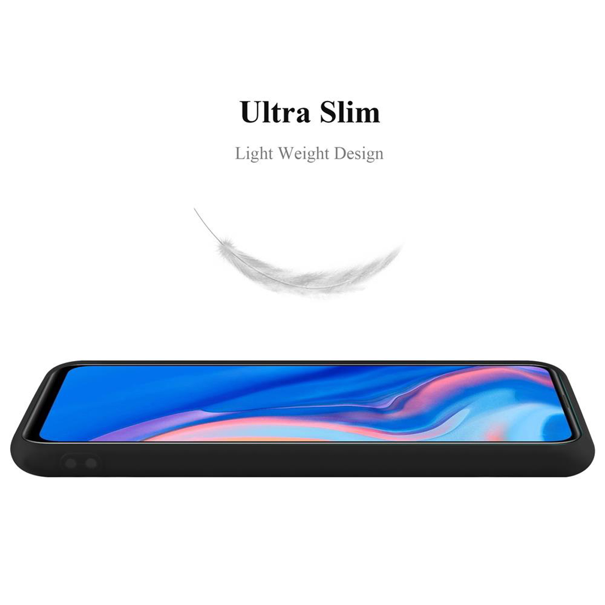 Una custodia nera per telefono con una grafica a forma di piuma, le parole 'Ultra Slim' e 'Light Weight Design' su sfondo bianco.