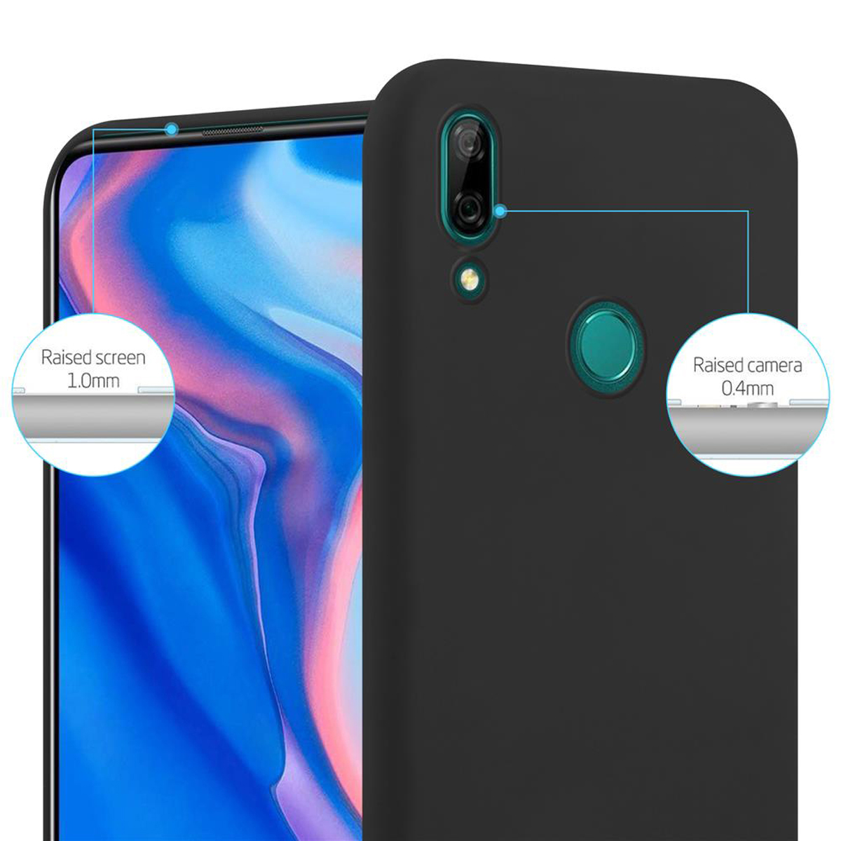 Custodia nera per telefono, mostrati i dettagli dello schermo e della fotocamera rialzati.