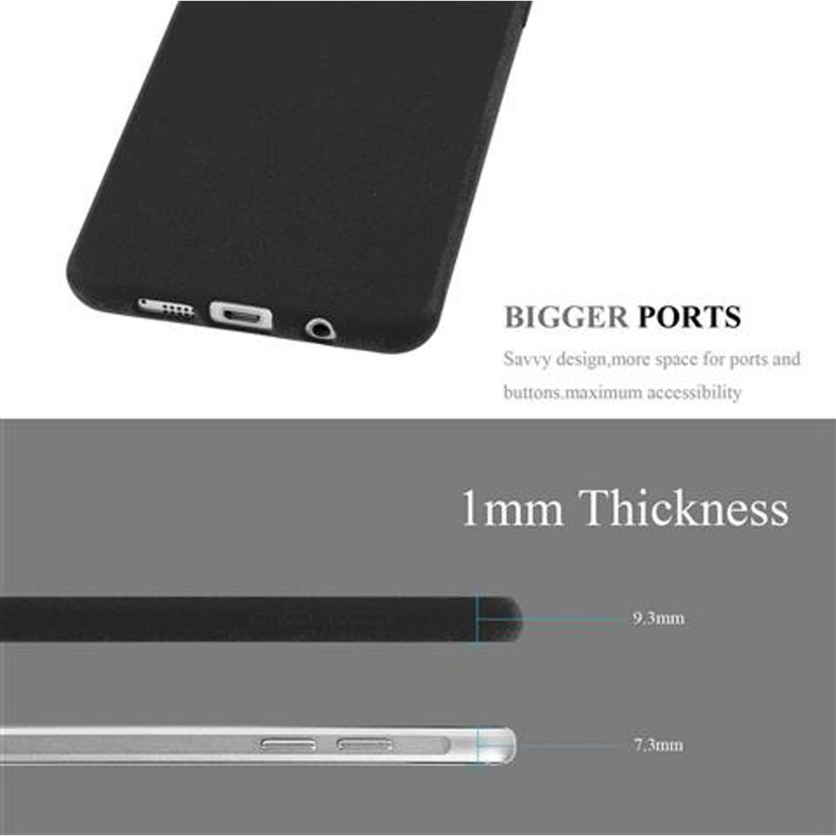 Funda de teléfono negra con texto, que muestra el grosor de la funda. Fondo gris.