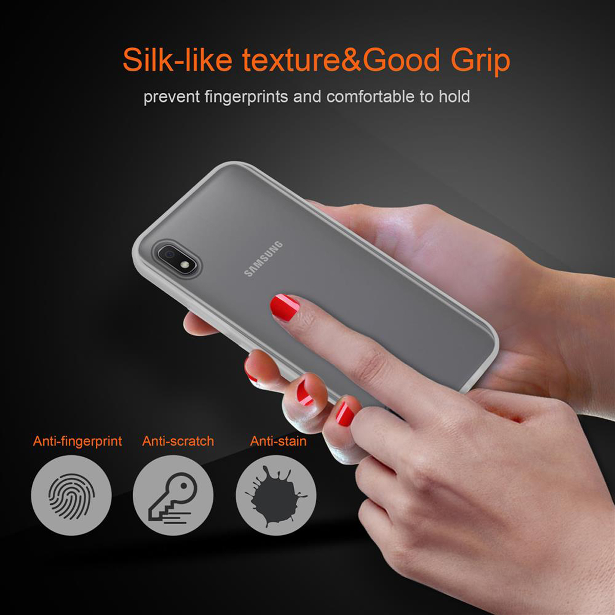 Eine Hand, die ein graues Telefon, eine weiße Hülle, mit Symbolen für Anti-Fingerabdruck hält.